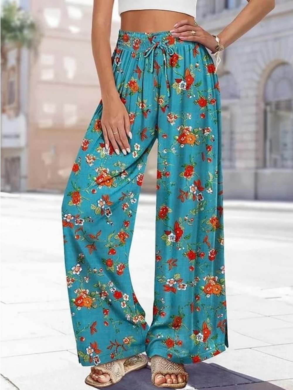 NIB YESNO Floral Wide-Leg Drawstring Pants - Teal Size 2XL
